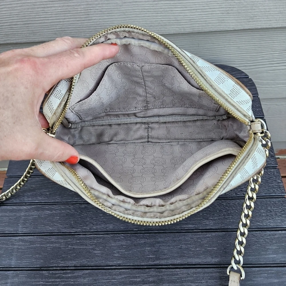 Michael Kors White Fulton Monogram Logo Crossbody Purse Gold Chain Small Bag